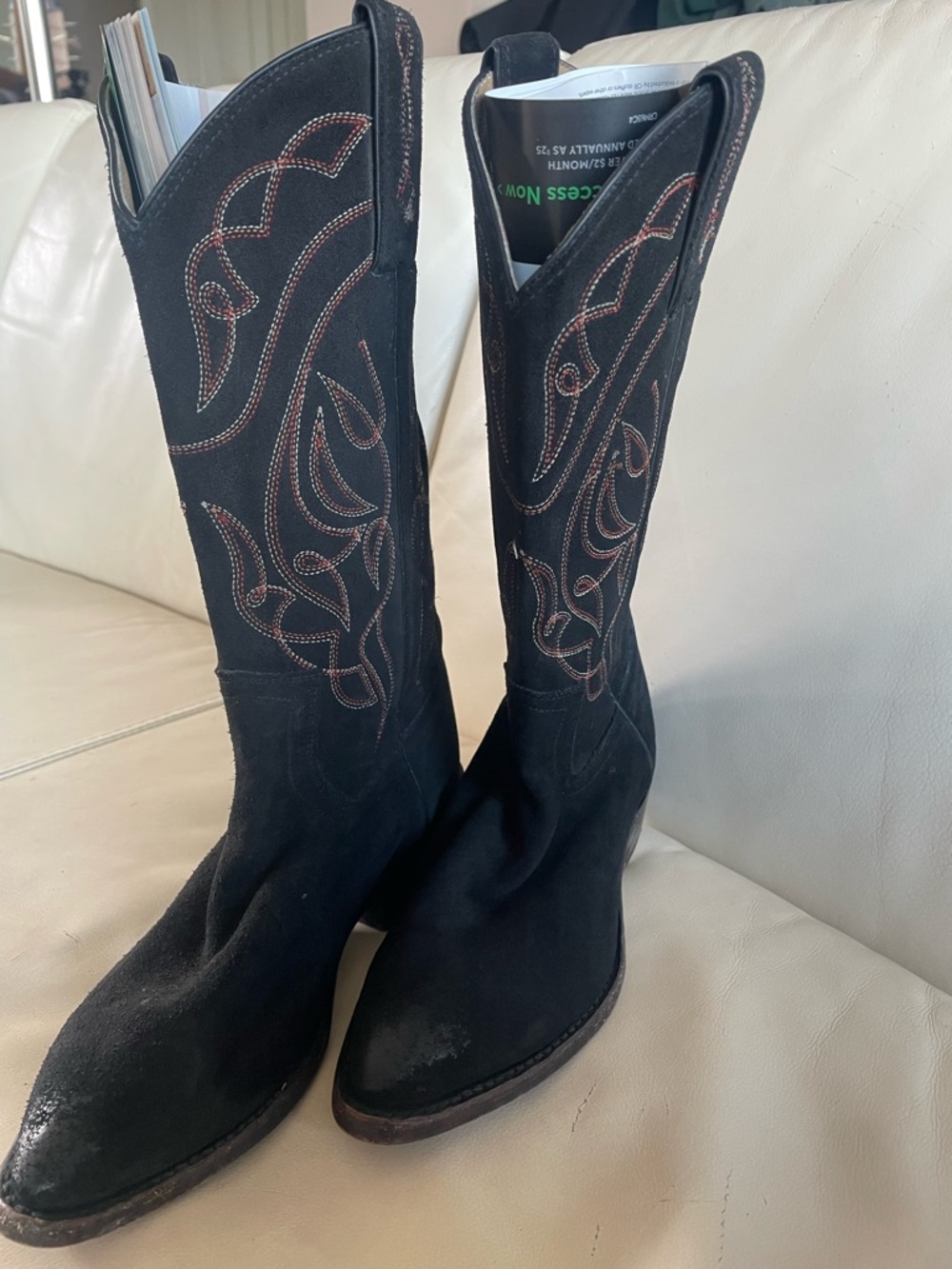 Frye “Daisy Duke” Black Suede Western Embroidered Flame Style Western Boots